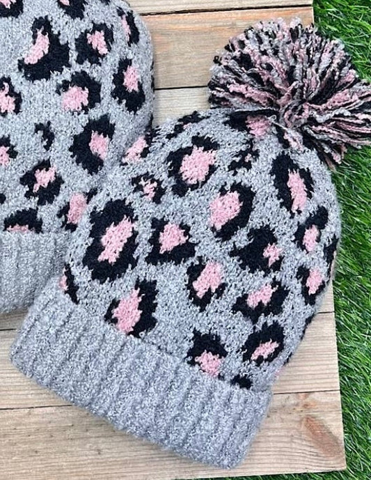 Girls Gray and Pink Leopard Beanie
